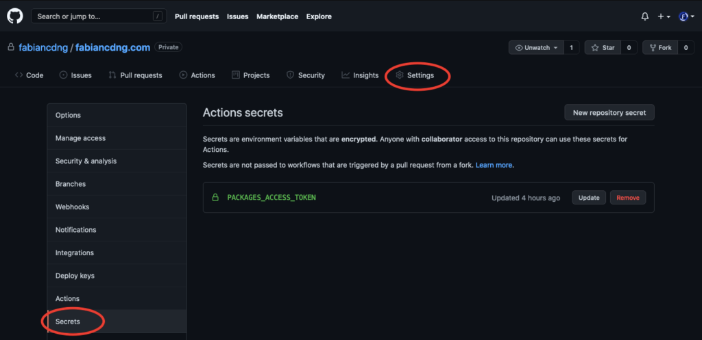 Screenshot of a GitHub repository's secrets tab